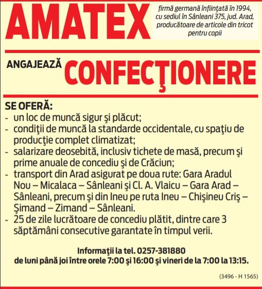 AMATEX firmă germană producătoare de articole din tricot pentru copii, angajează