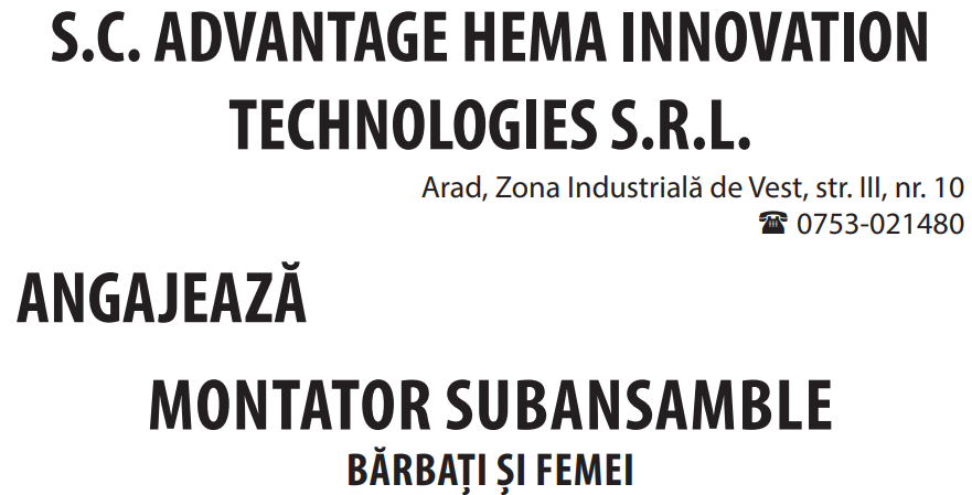 S.C. ADVANTAGE HEMA INNOVATION TECHNOLOGIES S.R.L. angajează montator subansamble bărbați și femei