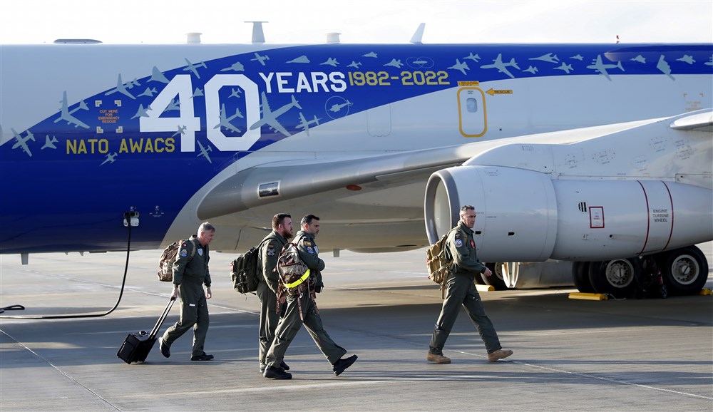 NATO Airborne Warning and Control System AWACS war planes in Romania