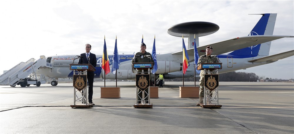 NATO Airborne Warning and Control System AWACS war planes in Romania