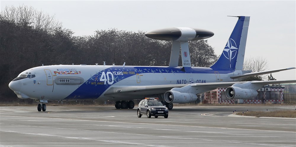 NATO Airborne Warning and Control System AWACS war planes in Romania