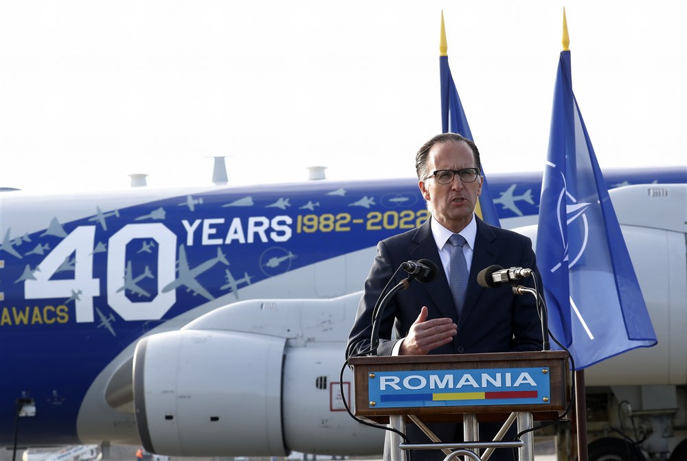 NATO Airborne Warning and Control System AWACS war planes in Romania