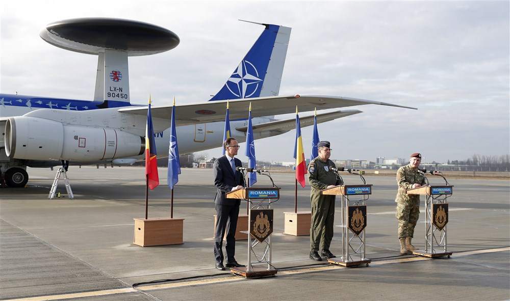 NATO Airborne Warning and Control System AWACS war planes in Romania
