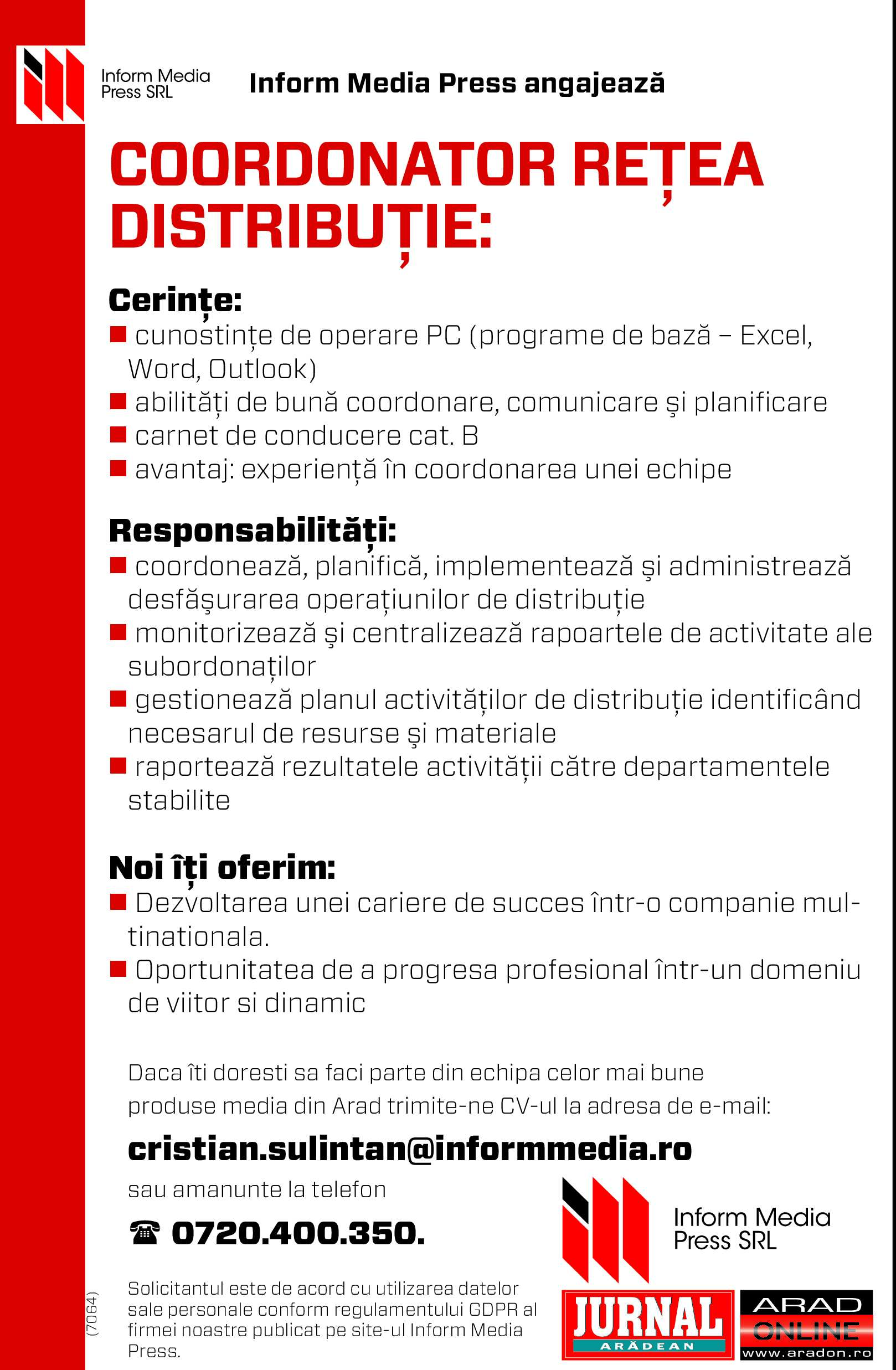 Inform Media Press angajează: Coordonator rețea distribuție