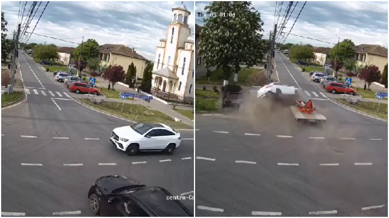 VIDEO | Accident violent surprins de camerele de supraveghere din Cărpiniș, în județul Timiș
