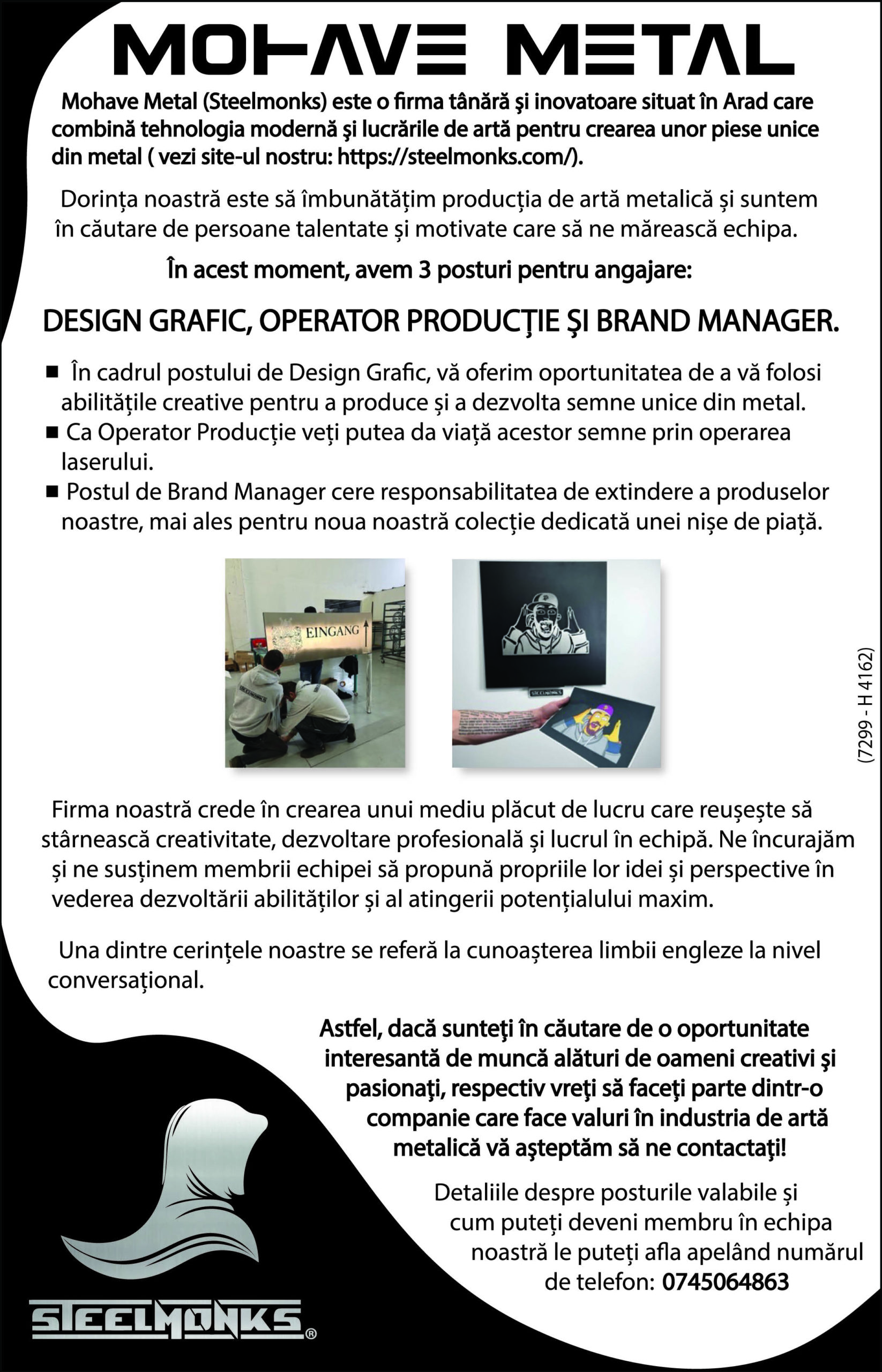 Mohave Metal (Steelmonks) angajează: design grafic, operator producție și brand manager