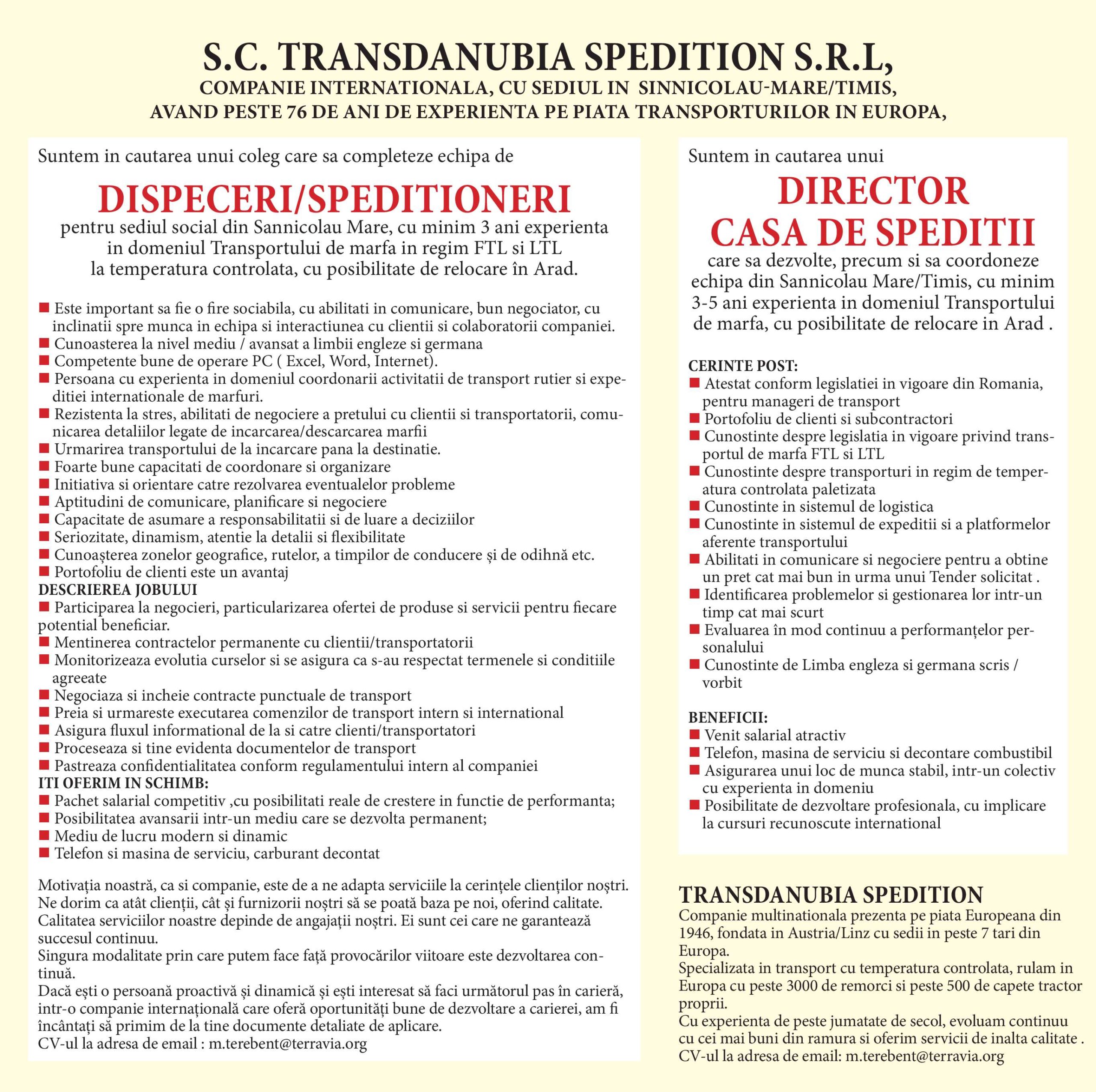 S.C Transdanubia Spedition S.R.L angajează: Dispeceri/Speditioneri și director casa de speditii