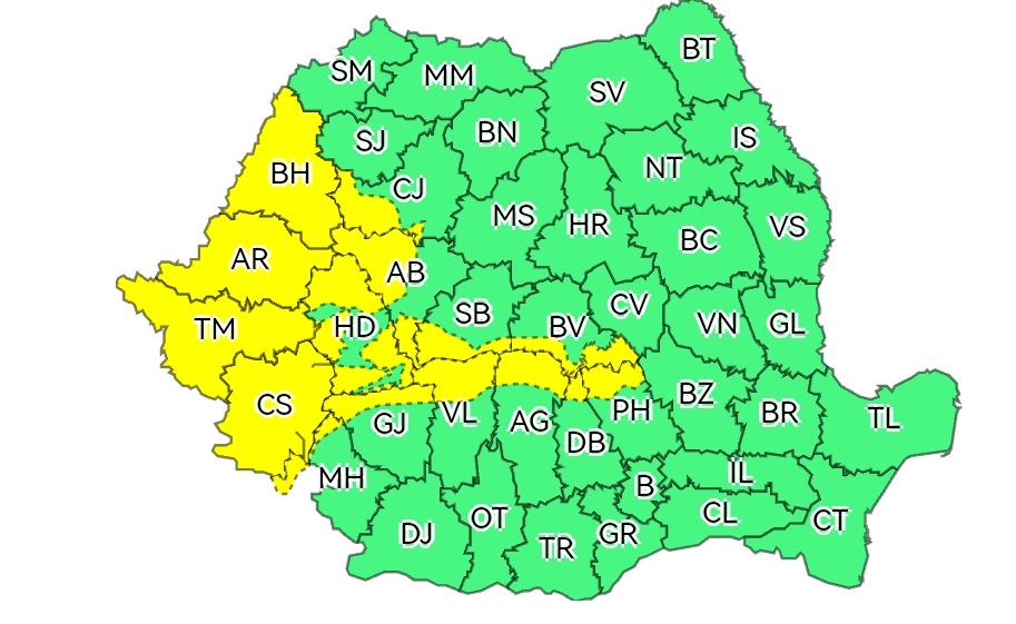 Cod galben de vânt pentru județul Arad