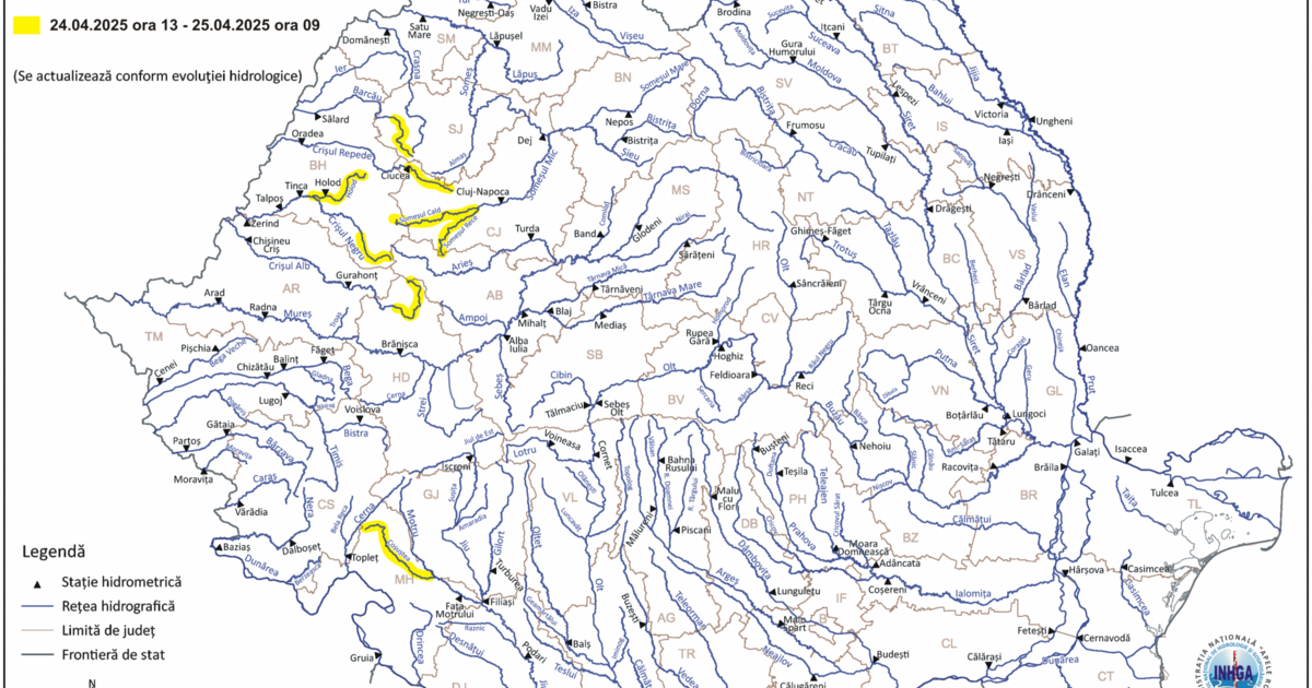 INHGA: Cod galben de inundații pe râuri din șase județe, până vineri ...